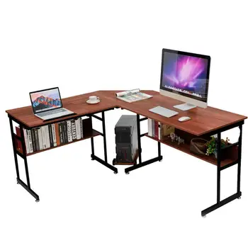 

L-Shaped Computer Desk Drafting Table Workstation w/Tiltable Tabletop & Bookshelf