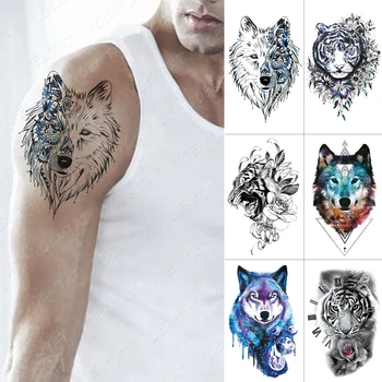 

Waterproof Temporary Tattoo Sticker Wolf Tiger Lion Flash Tattoos Flowers Clock Body Art Arm Water Transfer Fake Tatoo Men