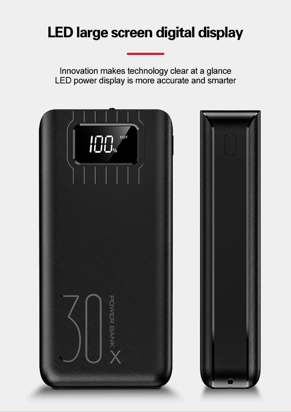 Внешний аккумулятор 30000 мАч TypeC Micro USB QC Быстрая Зарядка светодиодный дисплей