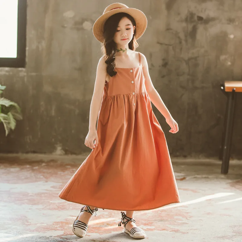 Подростковое платье, летнее оранжевое хлопковое Свободное длинное пляжное платье без рукавов, корейское От 4 до 14 лет принцессы