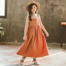 Подростковое платье, летнее оранжевое хлопковое Свободное длинное пляжное платье без рукавов, корейское От 4 до 14 лет принцессы