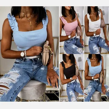 

Women Sleeveless Ruffles Strap Square Neck T-shirts Solid Summer Backless Female Slim Crop Tops Lady Sheath Casual T-shirt 2020