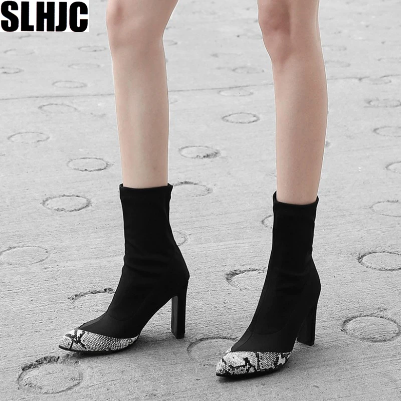 

2019 Autumn Boots Lycra Shoes High Heel Pointy Toe Sock Boot Women Fashion Serpentine Leather Patchwork Plus Size Pumps
