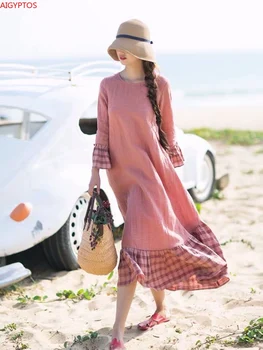 

Original design round neck plaid linen long 2020 spring and summer new literary loose and thin stitching dress women