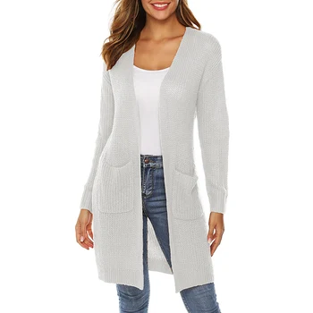 

Women Knitted Long Coat Long Sleeves Thin Solid Color Loose Pocket Cardigan Women Sweater Jackets sueter mujer invierno