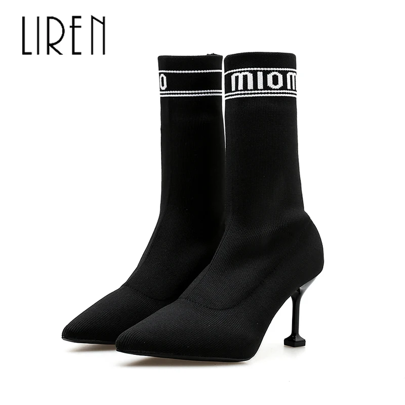 

Liren 2019 Spring/Autumn Flock Women Fashion Ankle Slip-on Boots Pointed Wrapped Toe High Thin Heels Sexy Lady Comfortable Boots