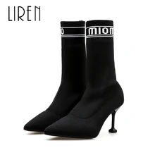 Liren 2019 Spring/Autumn Flock Women Fashion Ankle Slip-on Boots Pointed Wrapped Toe High Thin Heels Sexy Lady Comfortable Boots Liren 2019 Spring/Autumn Flock Women Fashion Ankle Slip-on Boots Pointed Wrapped Toe High Thin Heels Sexy Lady Comfortable Boots