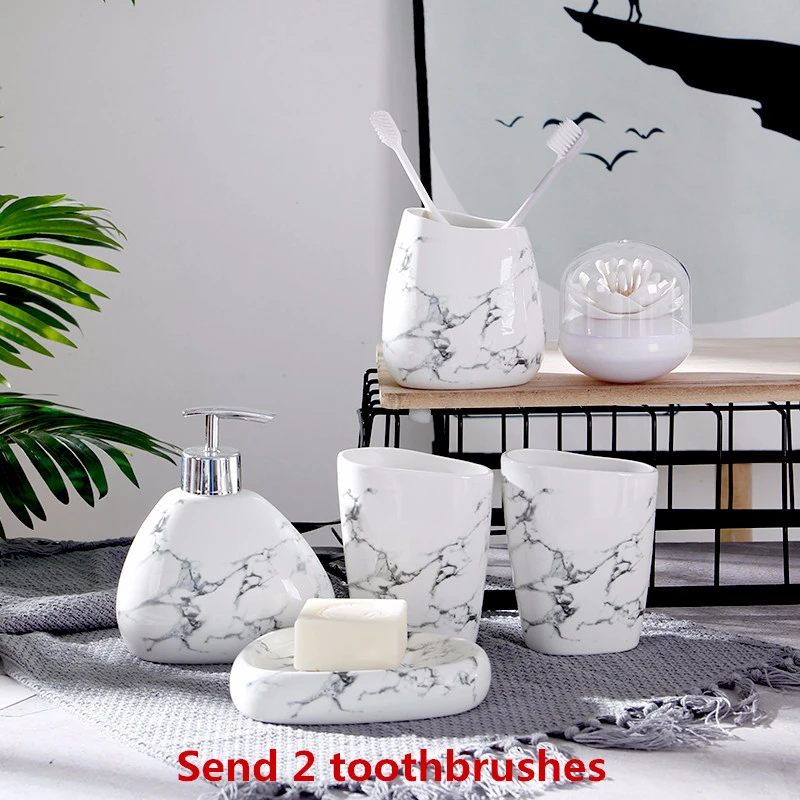 

Marble Texture Ceramic Washing Bathroom Set Nordic household bathroom five-piece with cotton swab High-end wedding gifts