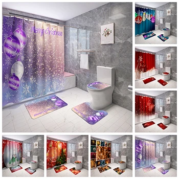 

4PC/Set Christmas Series Shower Curtain Sets Non-Slip Rugs Toilet Lid Cover And Bath Mat Waterproof Bathroom Curtains