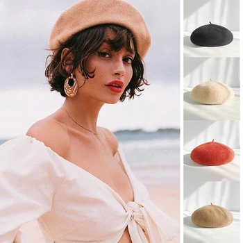 

Hot Sell Fashion New French style Women Wool Solid Color Beret Female Bonnet Caps Winter All Matched Warm Walking Hat Cap