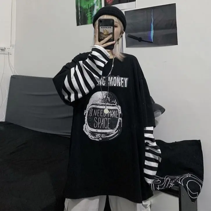 

Summer Tshirt Casual Letter Print O-Neck Stripe Tees Creativity Loose T-Shirts Women Long Sleeve Oversize Top Hip Hop Streetwear