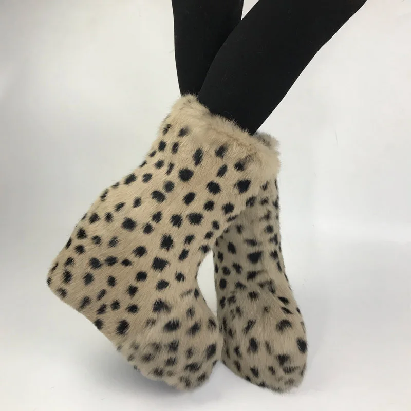 Зимние сапоги; женские теплые сапоги до середины икры; Bota Feminina; Botines Mujer Chic stivali donna Leopard Botas Mujer; женская обувь на танкетке