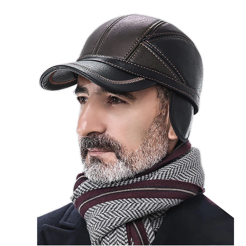 

Winter Elderly Men Baseball Cap Faux Leather Earmuff Father Hat Thick Warm Outdoor Snapback Flat Dad Hat Male Russia Hat