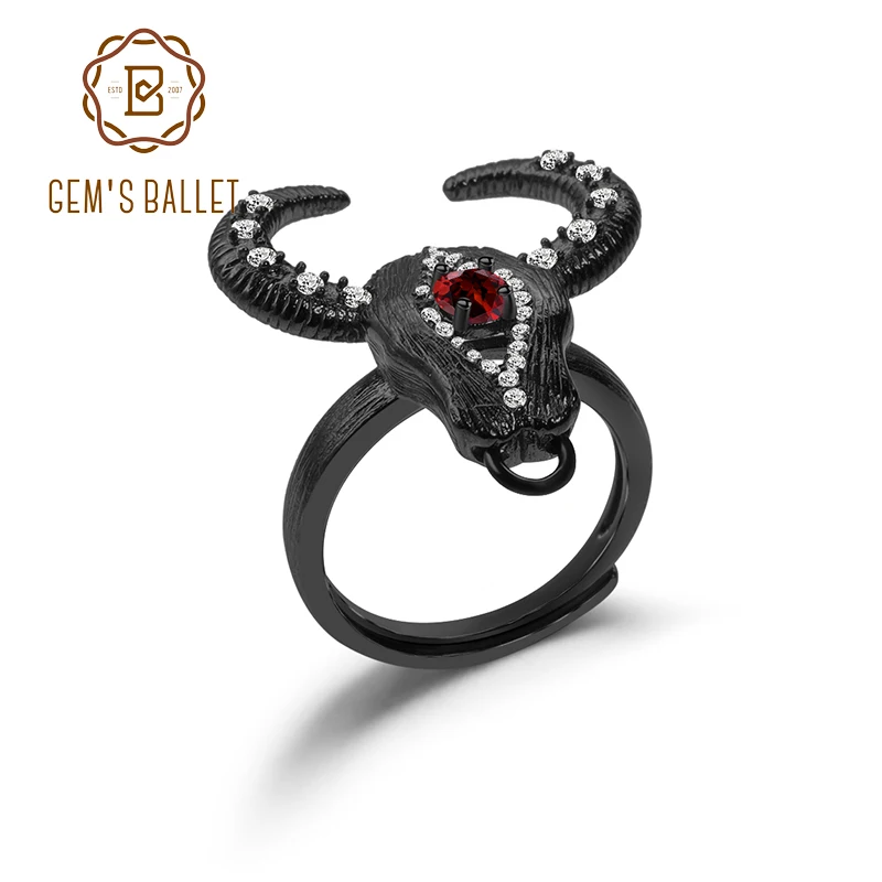 GEM'S BALLET 925 Sterling Silver Handmade Bull Head Ring Natural Red Garnet Gemstone Open Adjustable Ring For Women Fine Jewelry