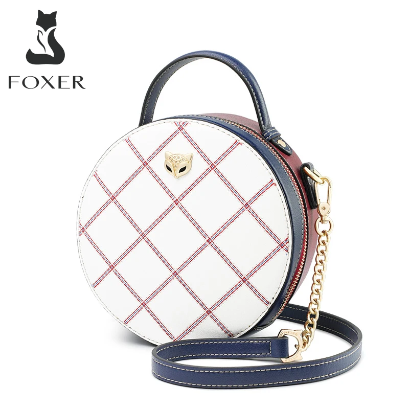 FOXER Mini Round Handbag Lady Split Leather Circular Crossbody Shoulder Bags Female Stylish Cellphone Pocket Women Small Totes