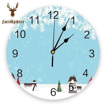 

White Christmas House Printed PVC Wall Clock Modern Design Home Decor Bedroom Silent O'clock Watch Wall For Living Room