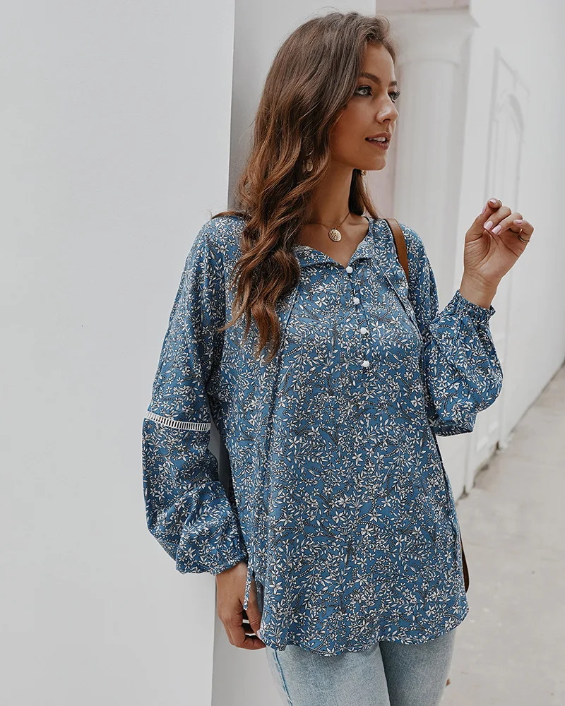 QPFJQD Boho шикарные винтажные цветочные печатные жемчужные рубашки на пуговицах Топы женские Повседневный пляжный костюм с длинным рукавом блузки Blusas весна осень