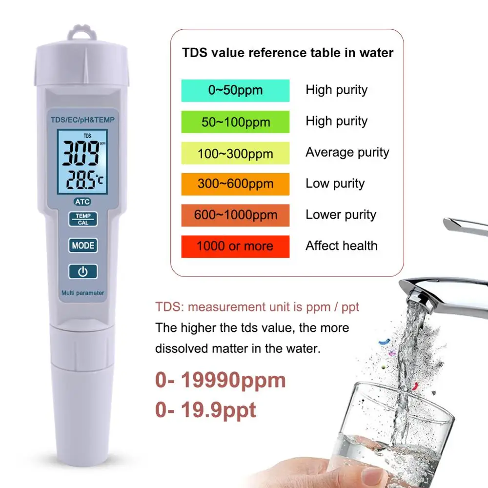 Yieryi TDS PH метр PH/TDS/EC/измеритель температуры цифровой монитор качества воды тестер для бассейнов, питьевой воды, аквариумов