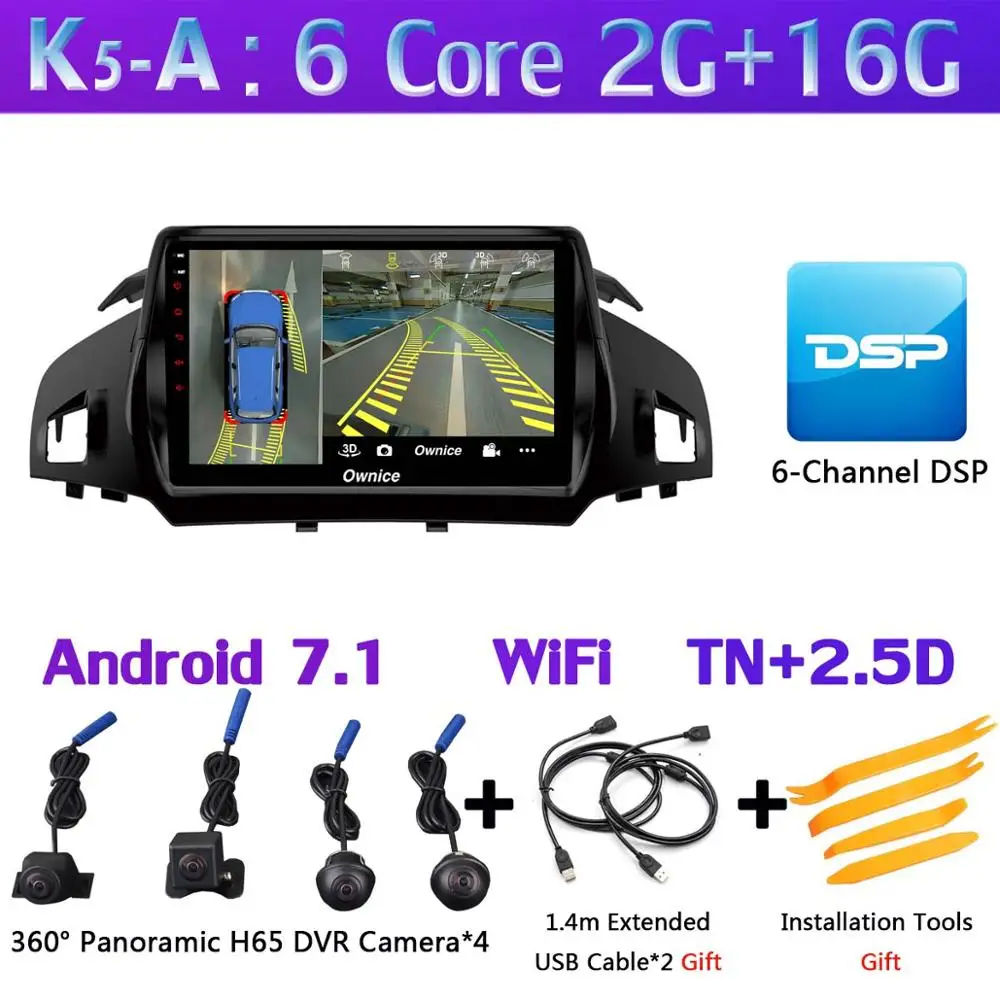 Панорамная камера 360 ° 4G SIM WiFi Android 9,0 4G+ 64G SPDIF DSP CarPlay Автомобильный плеер для Ford Kuga 2013- C-Max gps радио - Цвет: K5-A