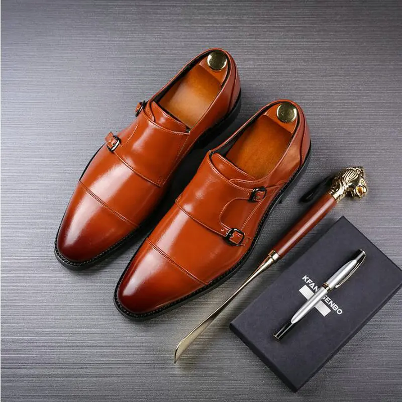 

Men formal shoes leather Wedding Business dress comfortable pointed toe designer shoes Monk buckle strap for men big size A51-08