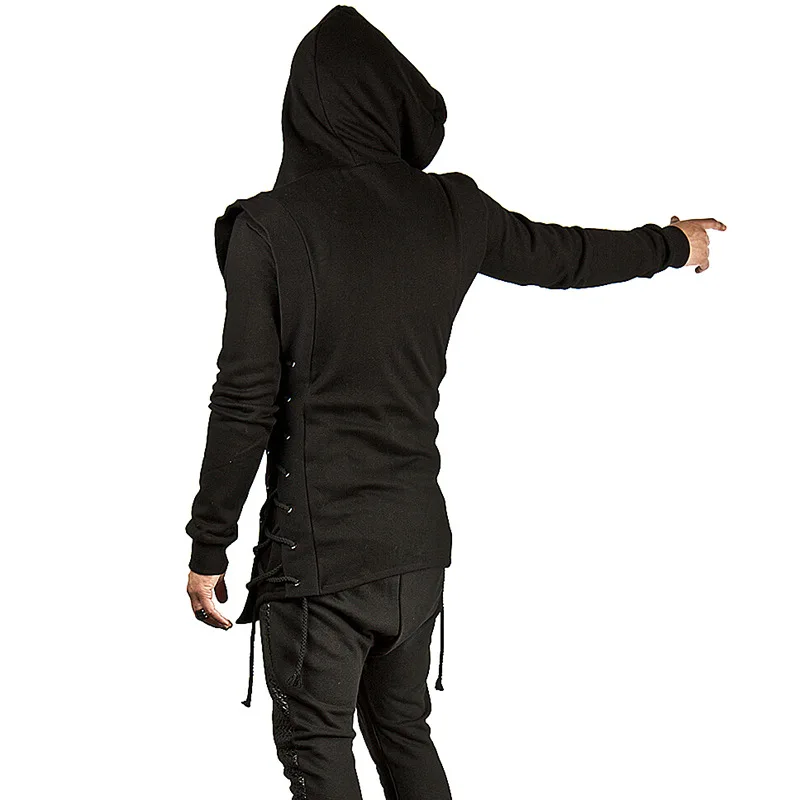 Streetwear Hoodies Men Fashion Hooded Loose Coat Zipper Hoodies with Side Lashing Crossed Plus Size Sweatshirt Men