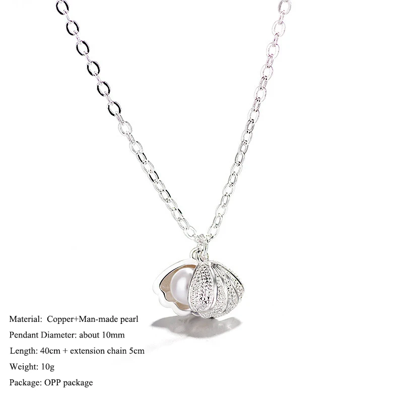 Qevila 2019 New Fashion Shell Design Pearl Jewelry Necklace Silver Pearl Pendant Necklace for Women Pearl Chain Choker love Gift (2)