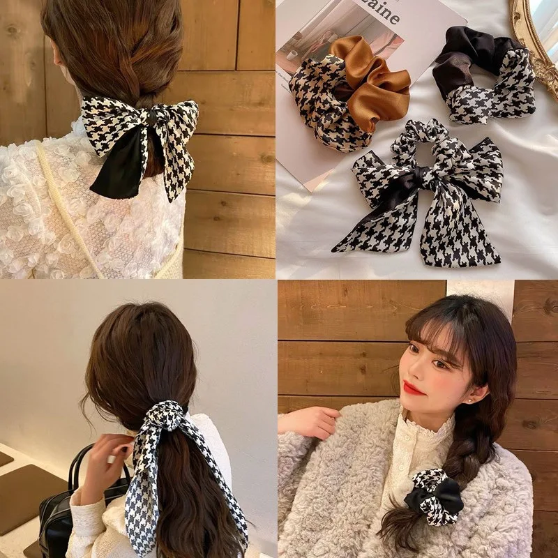 Houndstooth color matching large intestine hair ring fashionable bow ribbon retro hair band net red girl hair rope headdress