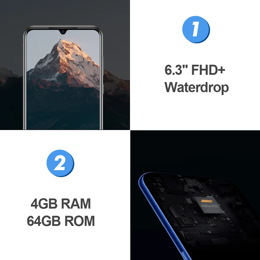 DOOGEE N20, новинка, смартфон, 6,3 дюймов, FHD+ дисплей, 4350 мАч, 4 Гб+ 64 ГБ, четыре ядра, 10 Вт, зарядка, отпечаток пальца, 16 МП, тройная задняя камера