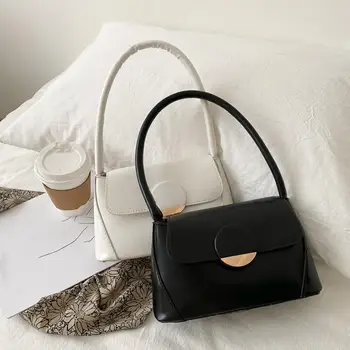 

New Casual Solid Color PU Leather Women Handbag Totes Female Round Buckle Simple Shoulder Shopping Bags Travel Daily Flap Purse