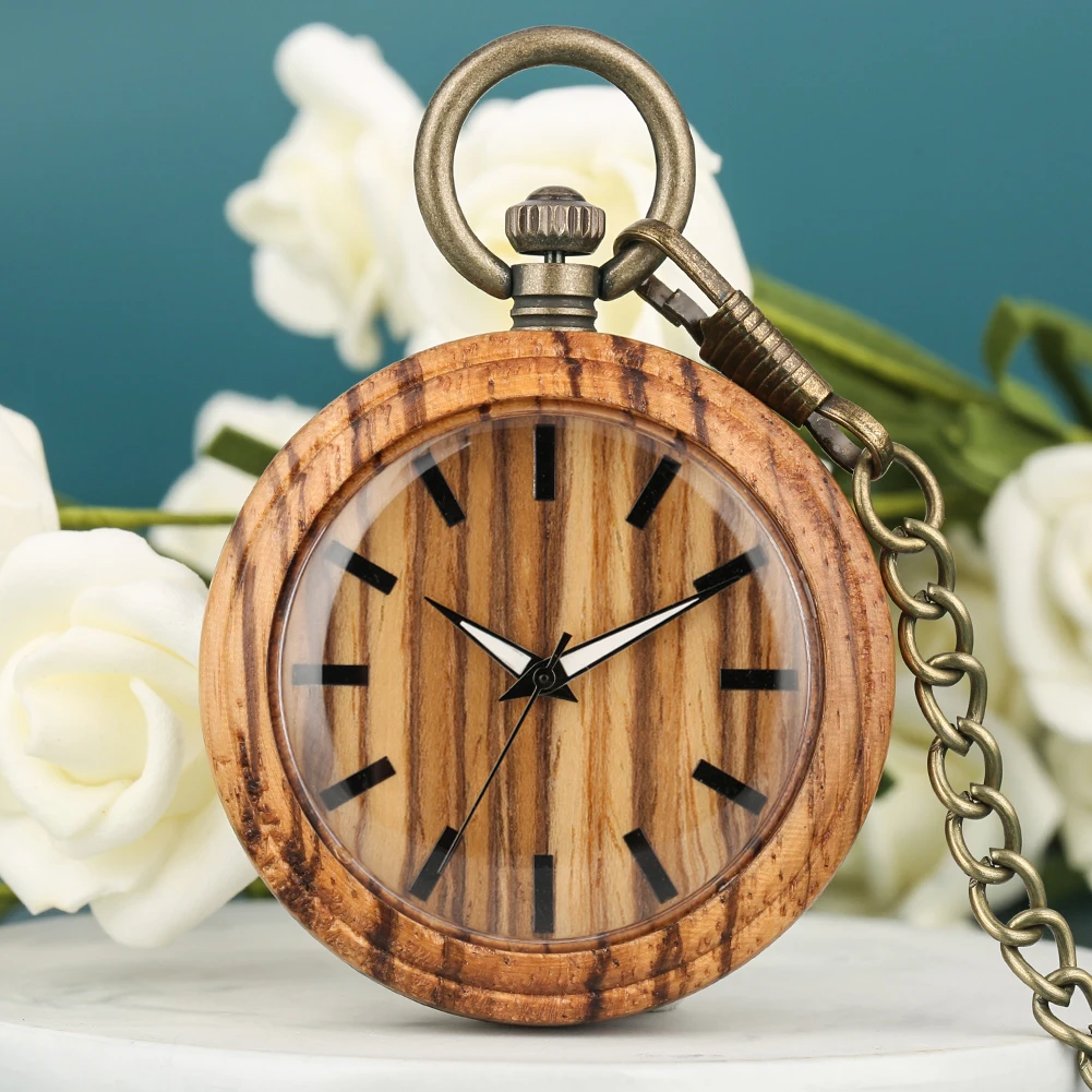 Classic Wooden Pocket Watch Women Concise Wood Dial Luminous Pointers Necklace Clock Male Bronze Rough Chain zak horloge