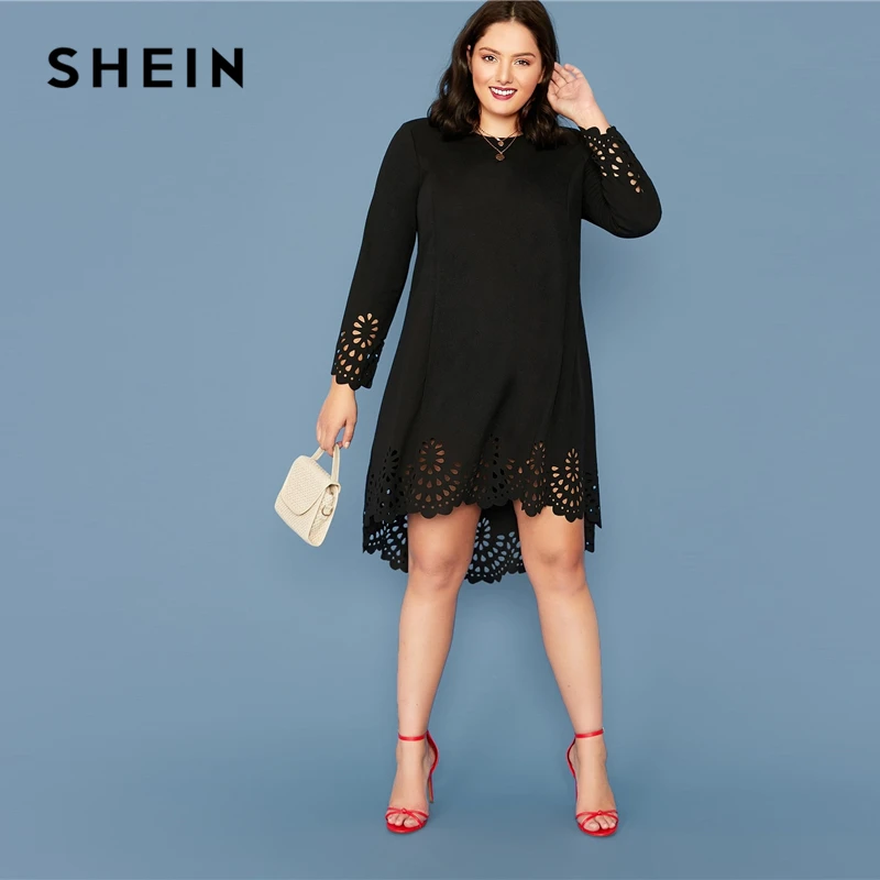 Online SHEIN Plus Größe Burgund Laser Cut Asymmetrische Saum Kleid Frauen Frühjahr Lange Hülse O ansatz Feste A line Elegante Kurze Kleider