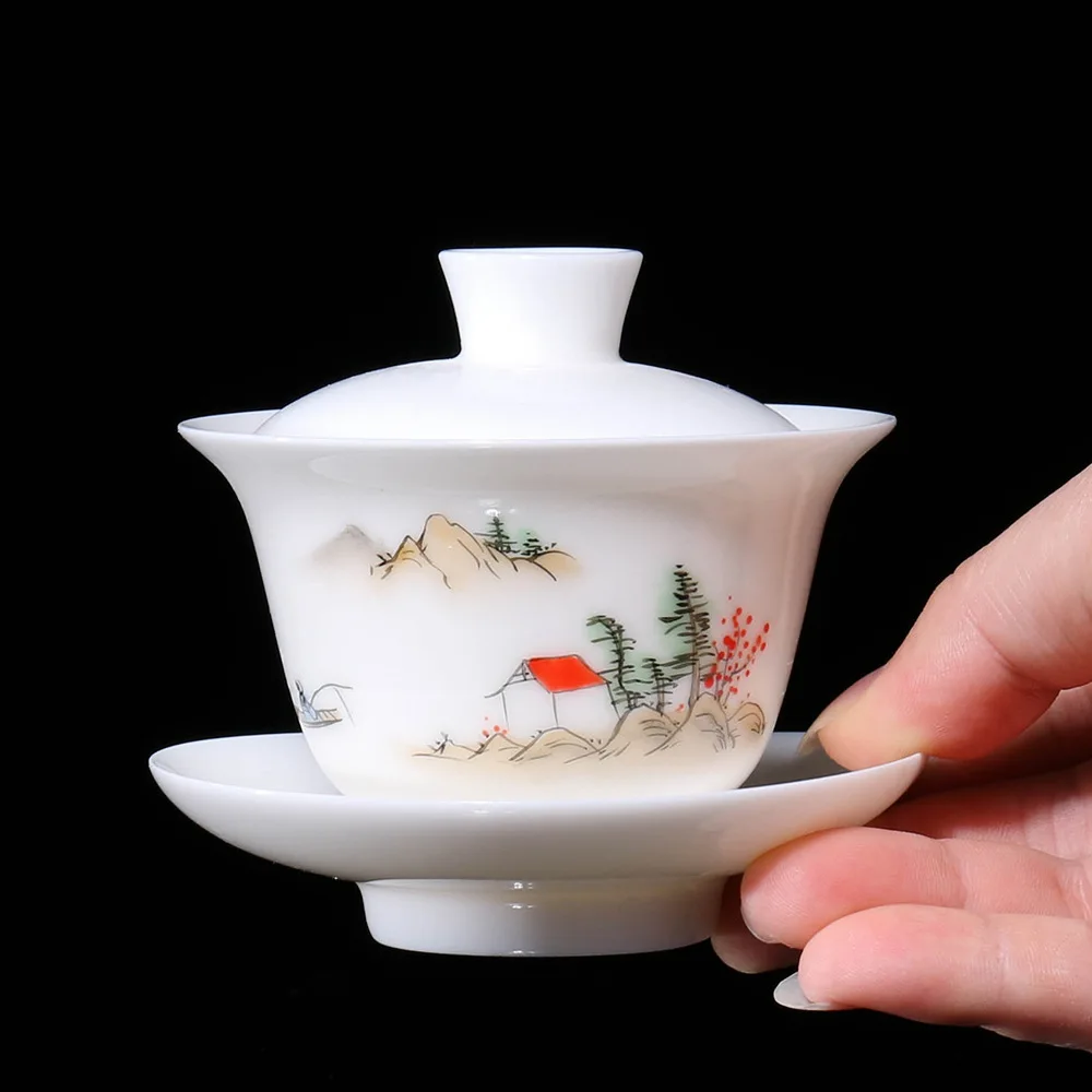 

thin glaze porcelain gaiwan China Dehua creative tureen handpainted Zen style cup bowl with coaster Sancai saucer Chinese new