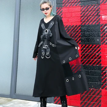 

Oversize Autumn Women Dress 2020 Plus Size Ladies Vintage Cotton Rabbit Decoration Street V-Neck Maxi Dresses Casual Black Dress