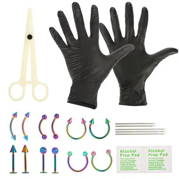 

1 Set Body Piercing Kit Needle Nipple Tongue Nose Lip Navel Ring Gloves Body Art For Bridge Ear Eyebrow Genital