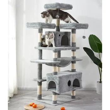 

Cat Tree Multi-layer Cat's House Light Gray With 3 Large Upholstered Platform Beds Pet Apartment Climbing Frame 61 X 37 X 52 Cm