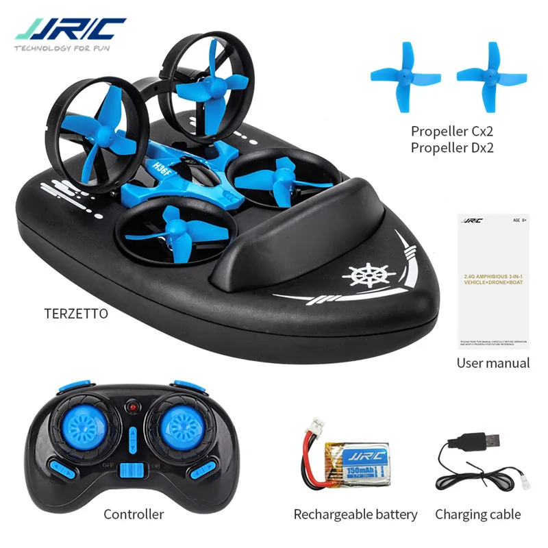 Модернизированный H36 JJRC H36F Terzetto 1/20 2,4G 3 в 1 синий Радиоуправляемый Летающий Дрон Land Driving Boat Квадрокоптер RTR модель VS E016F