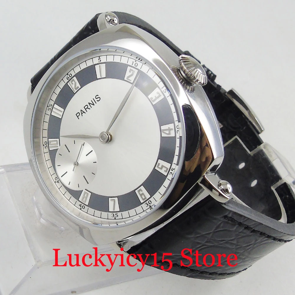 

Mechanical Hand Winding Square Men Watch Silver Dial 44mm Case 6497 Movement Leather Strap