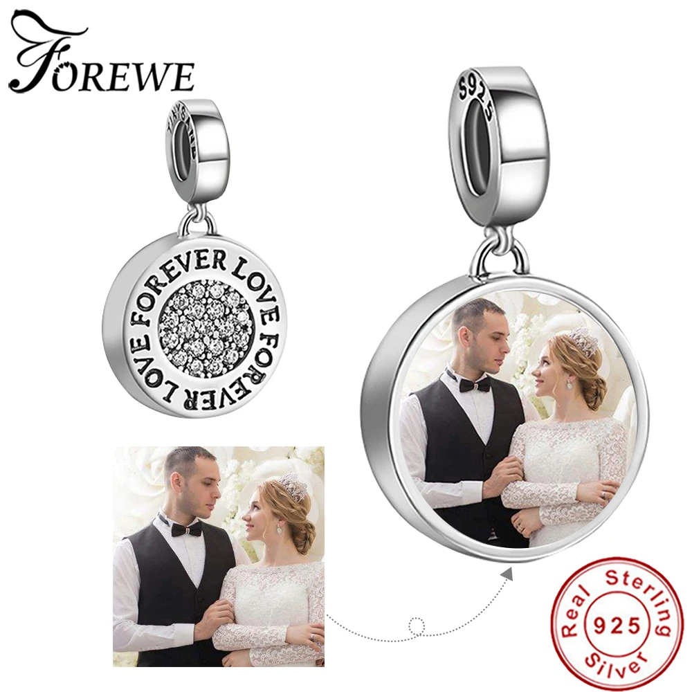 925 пробы серебряные бусины-шармы, хрустальные бусины Forever Love на заказ, круглые бусины для фото, подходят к оригинальному браслету Pandora, самодельные ювелирные изделия
