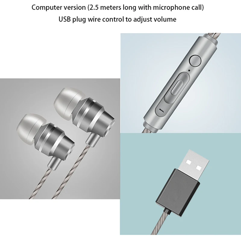 HiFi Game Headset Metal Wire Control Stereo Subwoofer Noise Reduction Headphone Speakers with MIC USB Earphone