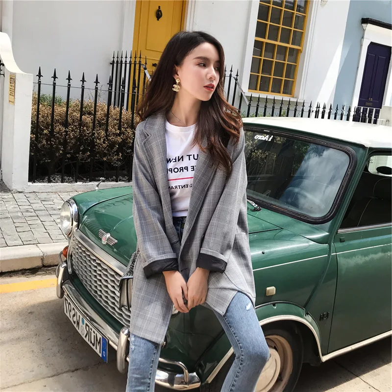 

Photo Shoot 2019 Autumn New Style Online Celebrity Retro Plaid Suit Jacket Loose Casual British Style