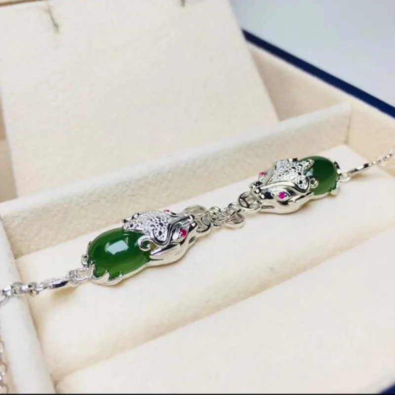 Natural Hetian Green Jade Animal Head Shape Jasper Noodle Silver Bracelet For Women Jewelry Temperament