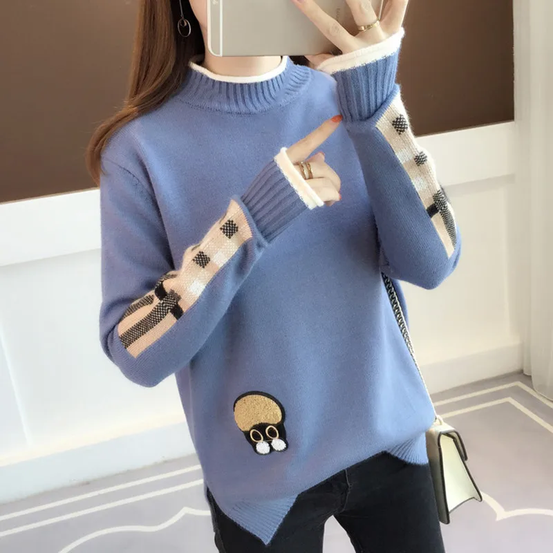 Корейский теплый женский свитер осень-зима круглый вырез вязаный свитер женский длинный рукав свободные пуловеры толстый свитер с вышивкой - Цвет: Синий