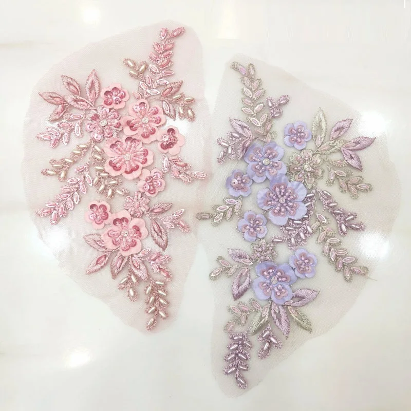 1 Pair Net Yarn Beads Flower DIY Embroidery Lace Appliqu&eacute; For Clothing