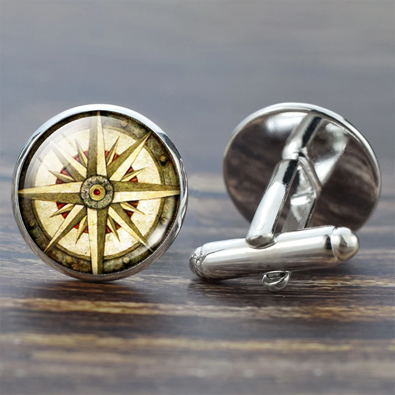 Компас Запонки винтажные в форме компаса часы парусник шаблон сплав Запонки для мужчин подарок стекло кабошон(это не настоящий компас