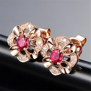

14k rose gold color red crystal ruby gemstones diamonds stud earrings for women flower jewelry bijoux fashion party accessories