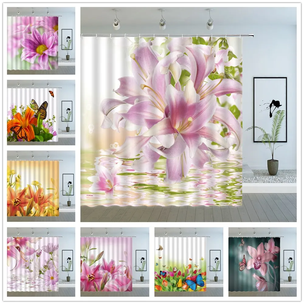 

Flower Butterfly Shower Curtains Spring Floral Plant Scenery Lilies Sunflower and Tulips Bath Decor Cloth Hanging Curtain Set