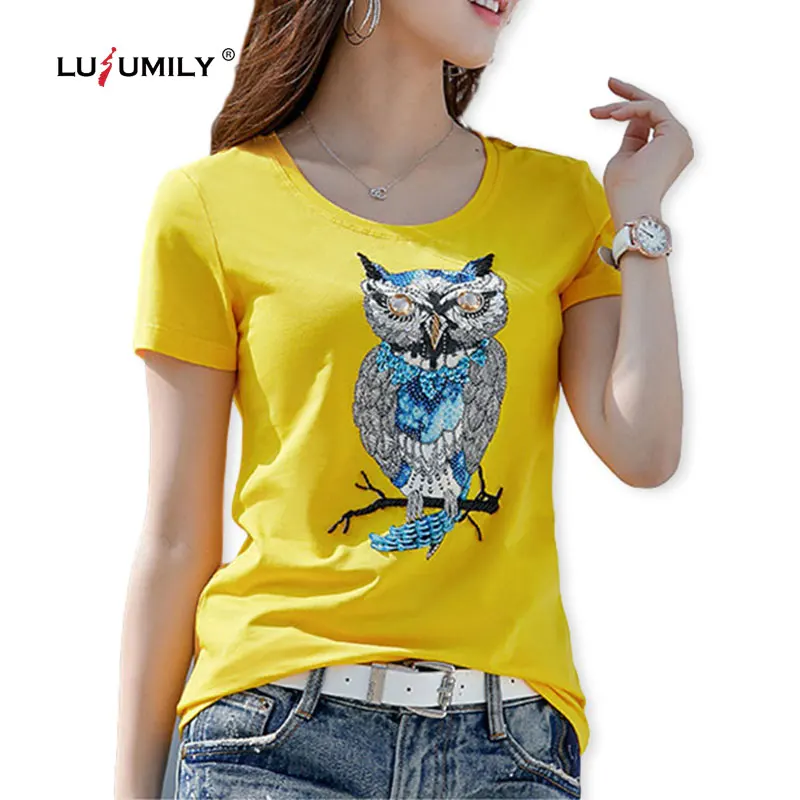 Lusumily Korean style T-shirt Women Diamonds Owl Short Sleeve Soft Combed Cotton Yellow Casual Tshirt Female T Shirt Girls Tops | Женская
