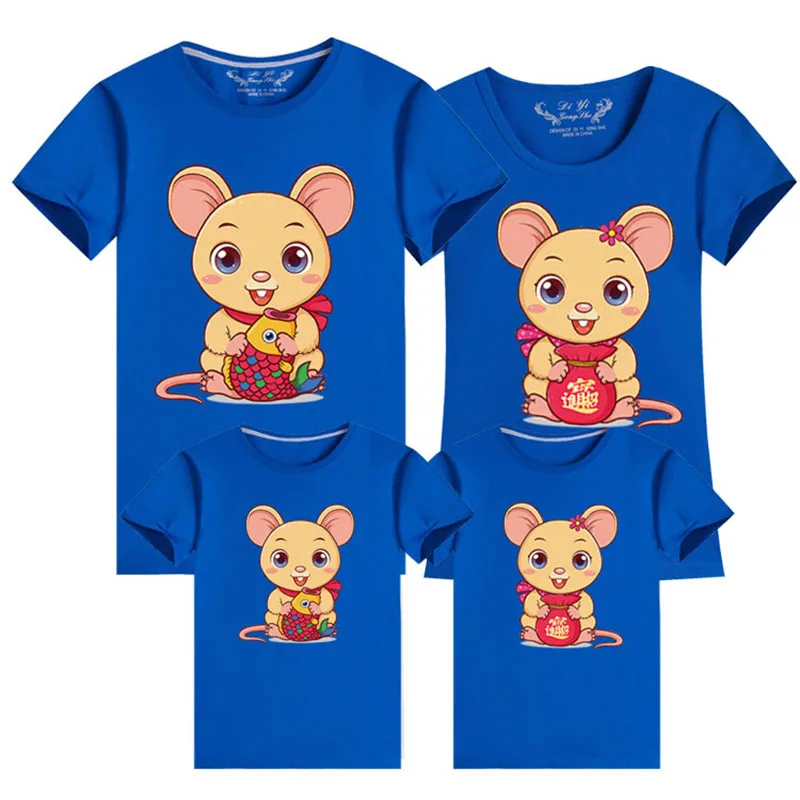 Dark blue Family Matching Clothes Mouse New Year Summer Print T-Shirt Mommy And Daughter Father And Son Clothes Family Look - Цвет: Dark blue