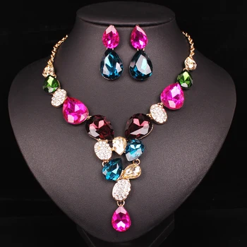 

LUXURY WEDDING JEWELRY SETS BIG BLUE CRYSTAL NECKLACE EARRINGS SET GIFTS FOR WOMEN DATING PARTY DRESSES GOLD COLOR ACCESSORIES