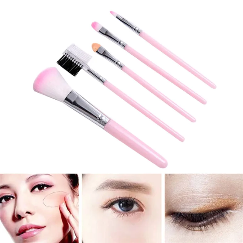 5pcs Cute Handle Makeup Brushes Set Pink Kids Make Up Blush Eyeshadow Lip Eyebrow Eyelashes Kit